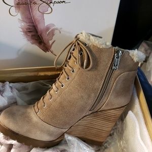 JESSICA SIMPSON BOOTIES ,  WEDGE HEEL ,  TAN SUEDE